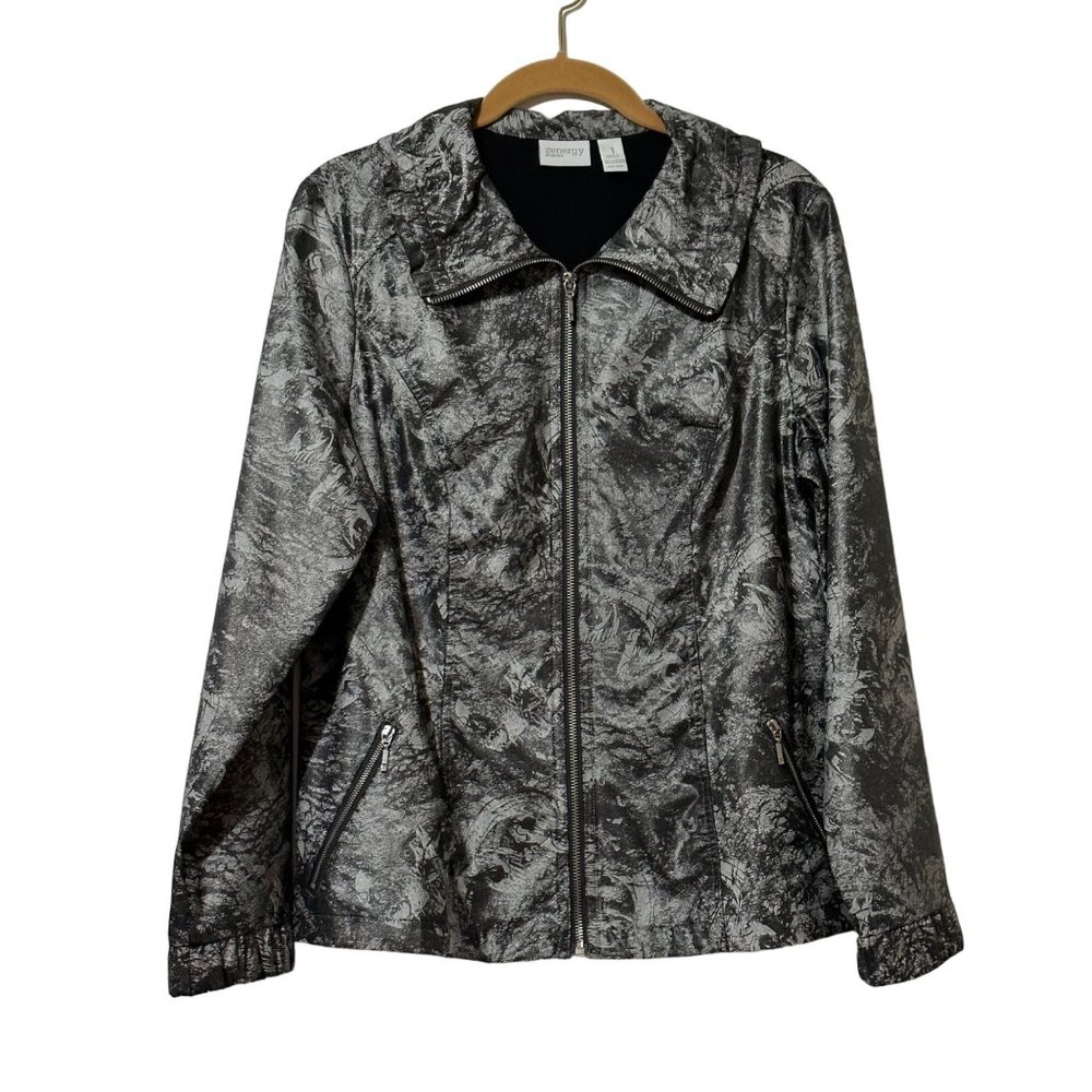 Zenergy by Chico’s size 1 M/8 gray print lightweight princess seams zip jacket